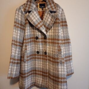 Sam Edelman Brown and Gray Pea Coat with Plaid Pattern